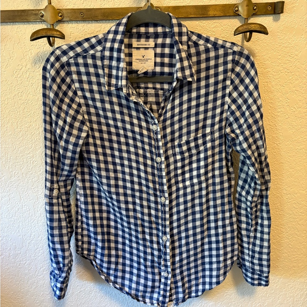 American Eagle Blue and White Gingham Shirt